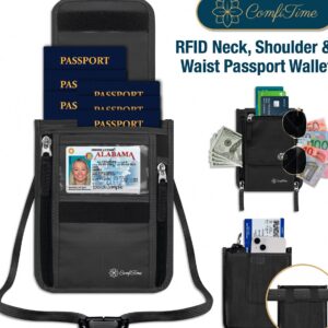 ComfiTime RFID Passport Holder Neck Wallet - Travel Money Pouch with Anti-Pickpocket Design (Black, 7.9 in x 5.9 in) x57fx